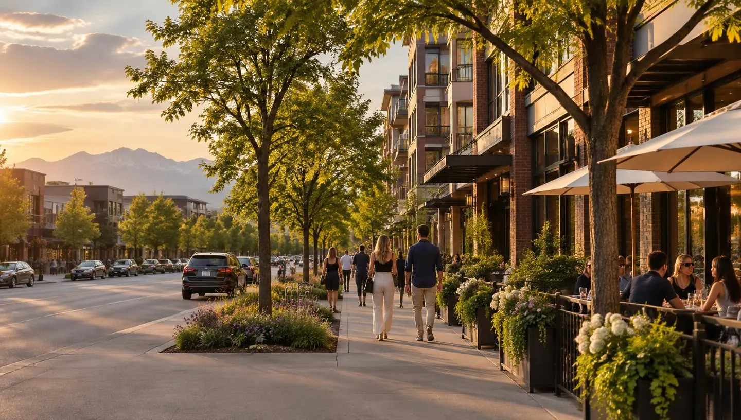 A tree-lined Cherry Creek streetscape with residences, shops, and outdoor dining