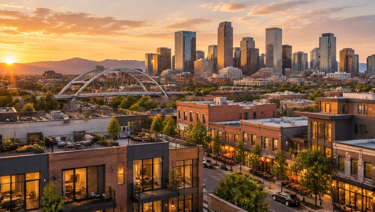 LoHi rooftops and storefronts with the downtown Denver skyline at sunset