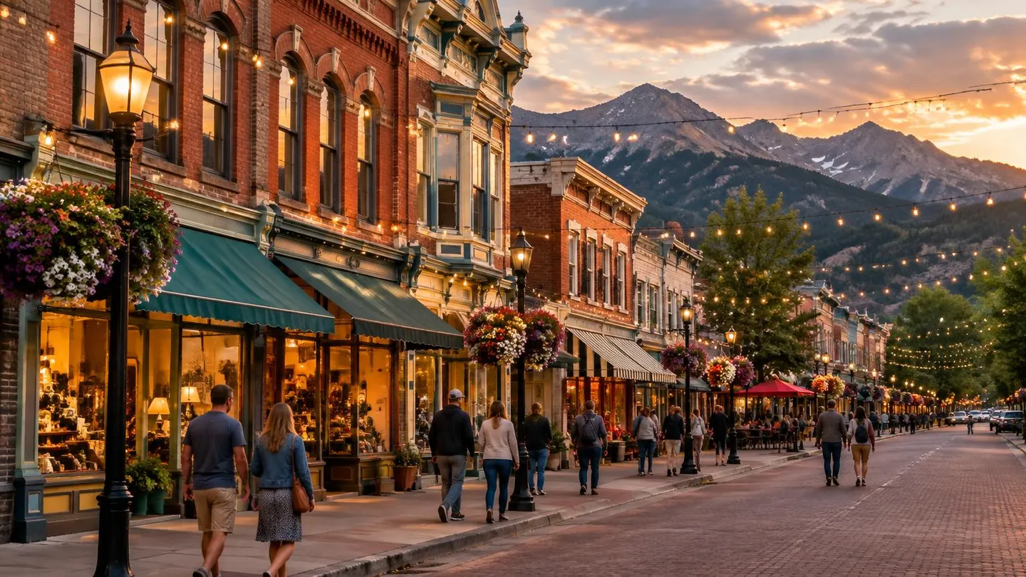 Historic brick storefronts with string lights on a Colorado main street at dusk
