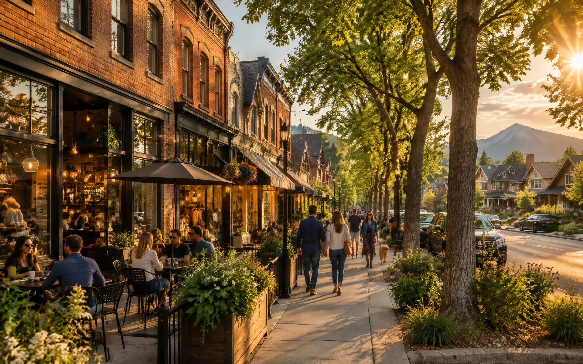 Tree-lined Berkeley Denver street with brick storefronts, outdoor cafe seating, and historic bungalow homes at golden hour