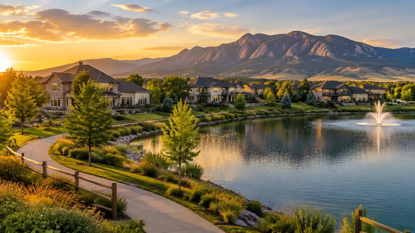 Broomfield, Colorado homes around a lake and walking path with the Flatirons at sunset