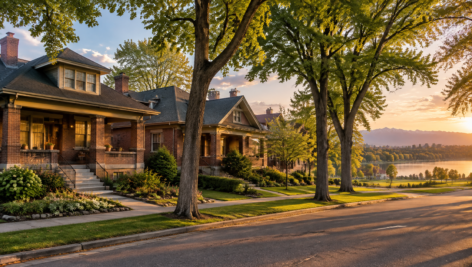 Historic brick bungalow homes on a tree-lined street beside City Park's lake and green space in Denver