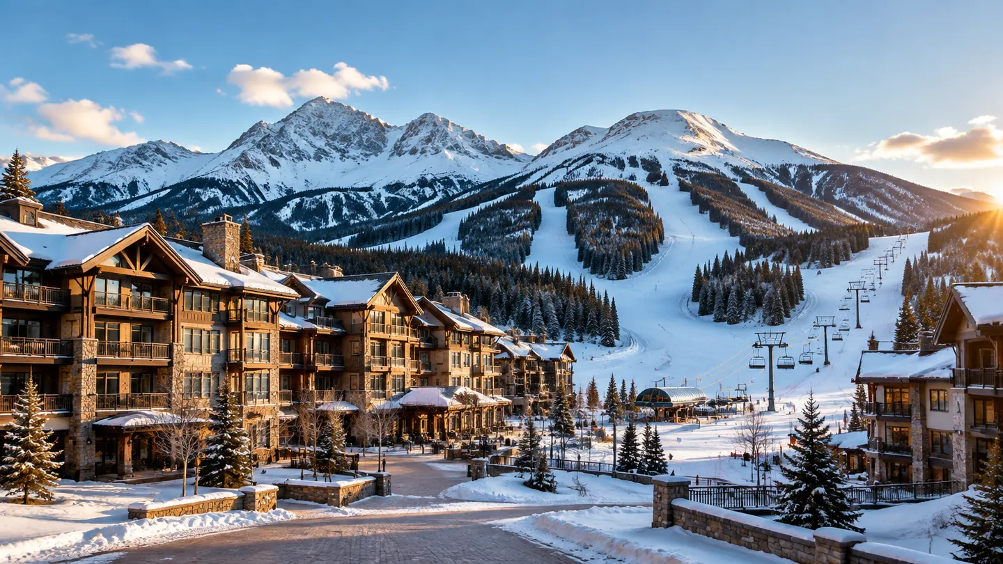 Copper Mountain resort condominiums beside snow-covered ski runs and chairlifts