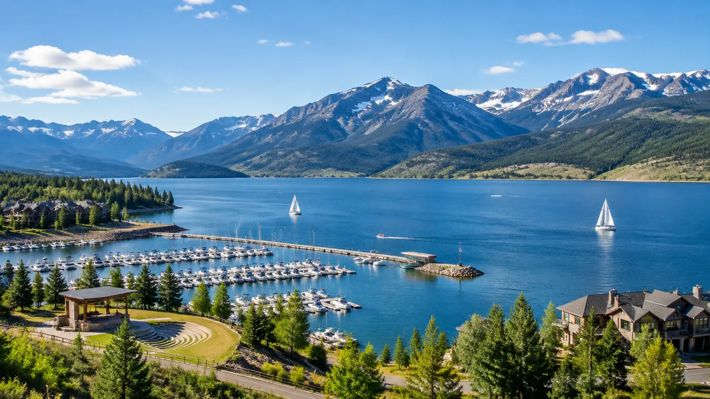 Dillon Reservoir marina, amphitheater, mountain homes, and Rocky Mountain peaks in summer