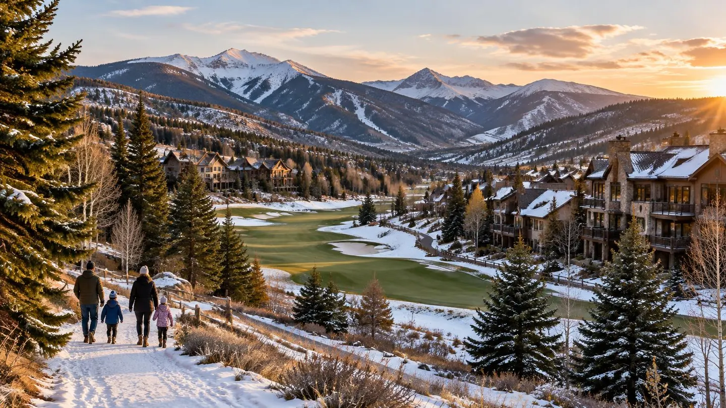 EagleVail homes and golf course beneath the snow-covered Vail Valley mountains