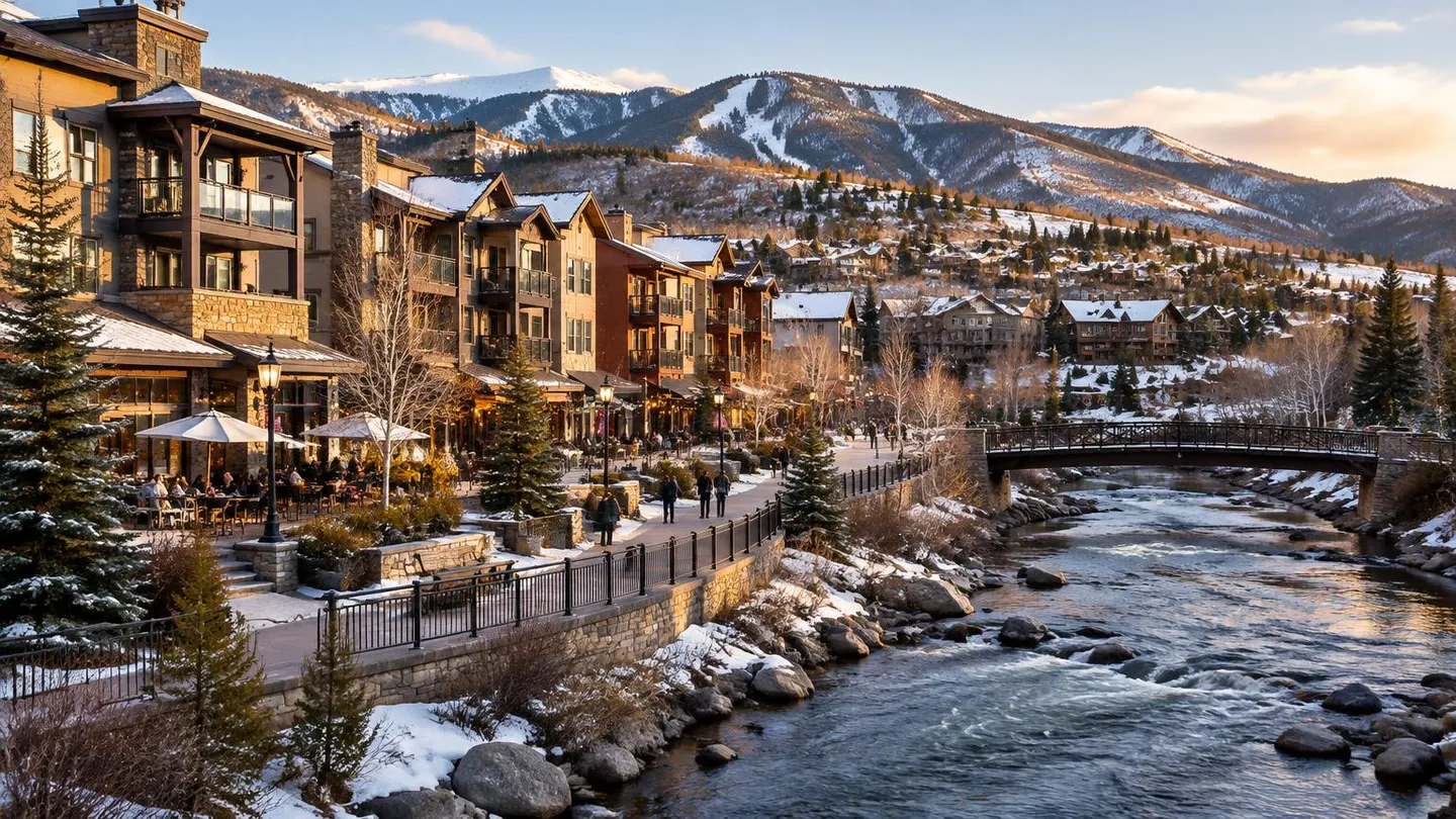 Riverwalk in Edwards beside the Eagle River with mountain neighborhoods beyond