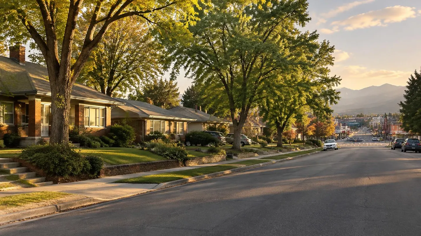 Tree-lined Englewood, Colorado street with brick bungalows and ranch homes at golden hour