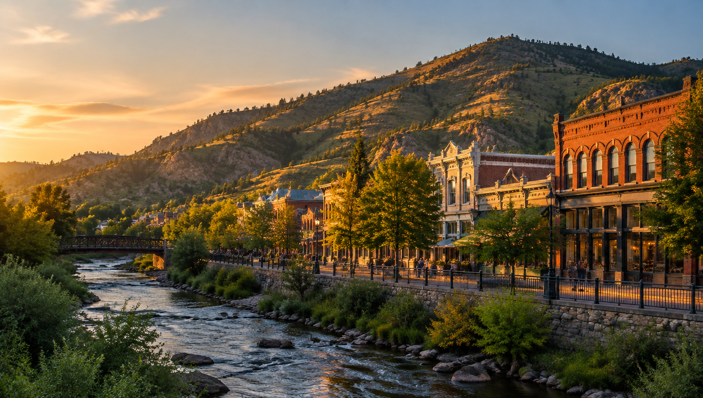 Historic downtown Golden beside Clear Creek with Colorado foothills rising behind the city