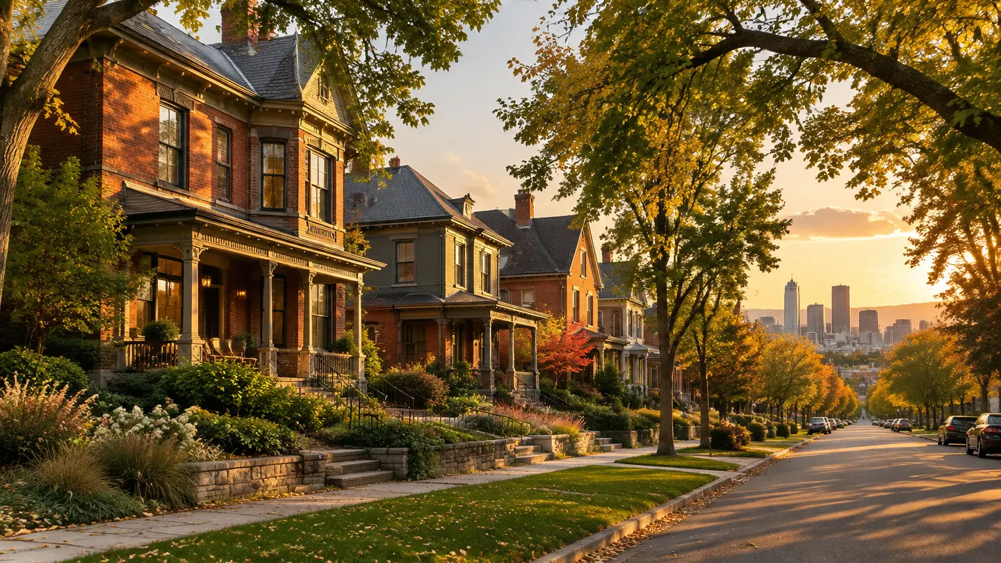 Tree-lined Highlands street with historic Denver homes at golden hour