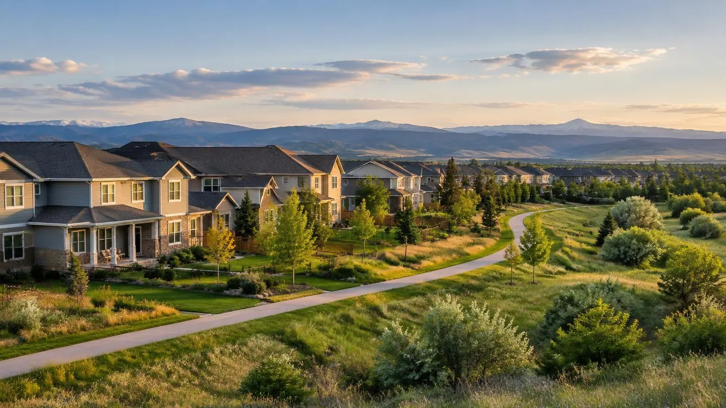 Suburban homes along a greenbelt trail with mountain views in Highlands Ranch, Colorado