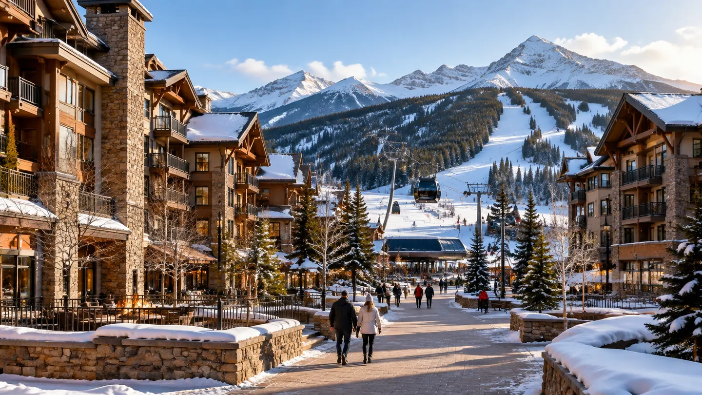 Snow-covered Keystone resort village condominiums with gondola access and mountain ski runs