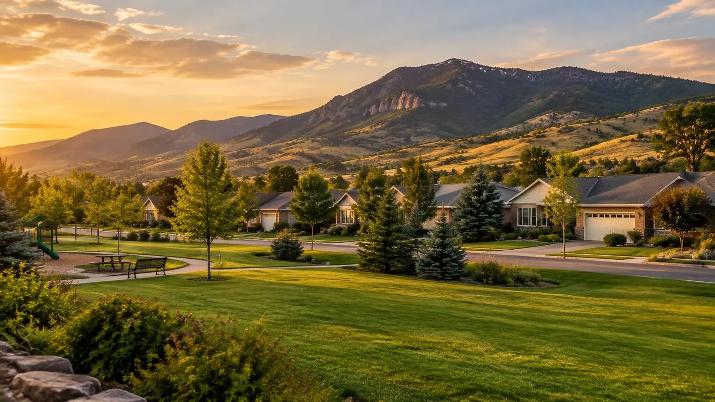 Lakewood, Colorado neighborhood with ranch homes and a park beneath the foothills at sunset
