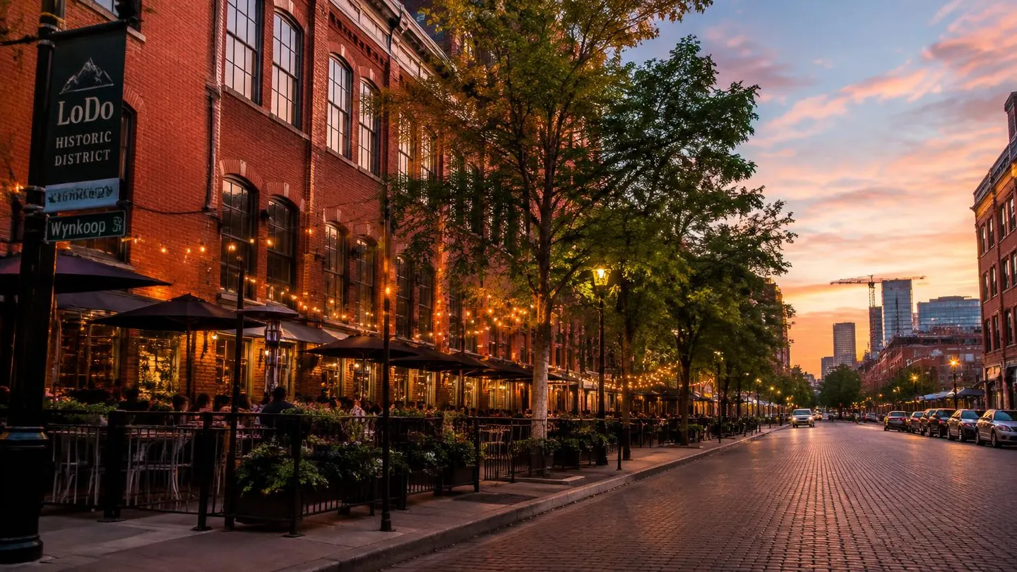 Historic red brick warehouse lofts and restaurant patios along a LoDo street in Denver at dusk