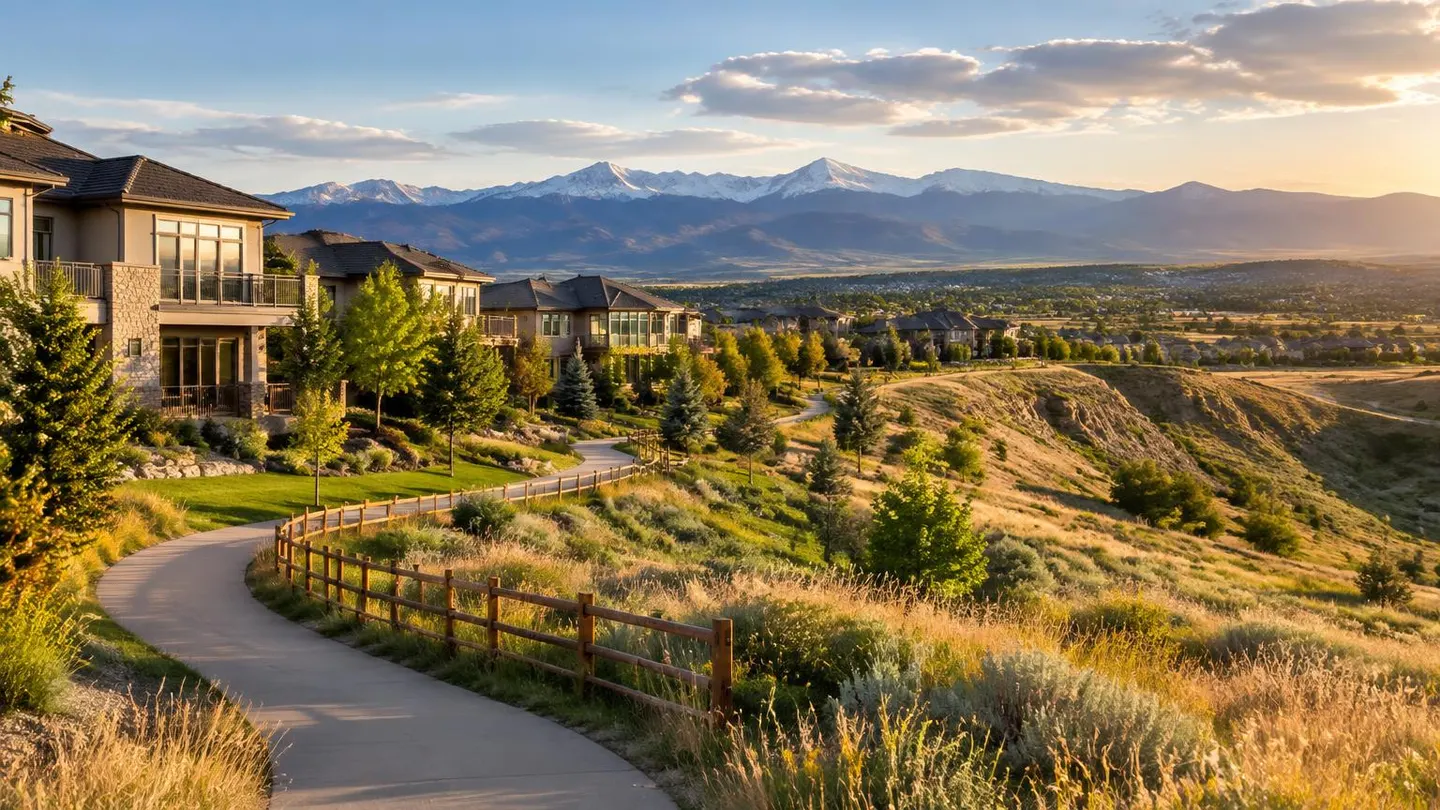 Suburban homes and a trail along open prairie bluffs with Rocky Mountain views in Lone Tree, Colorado
