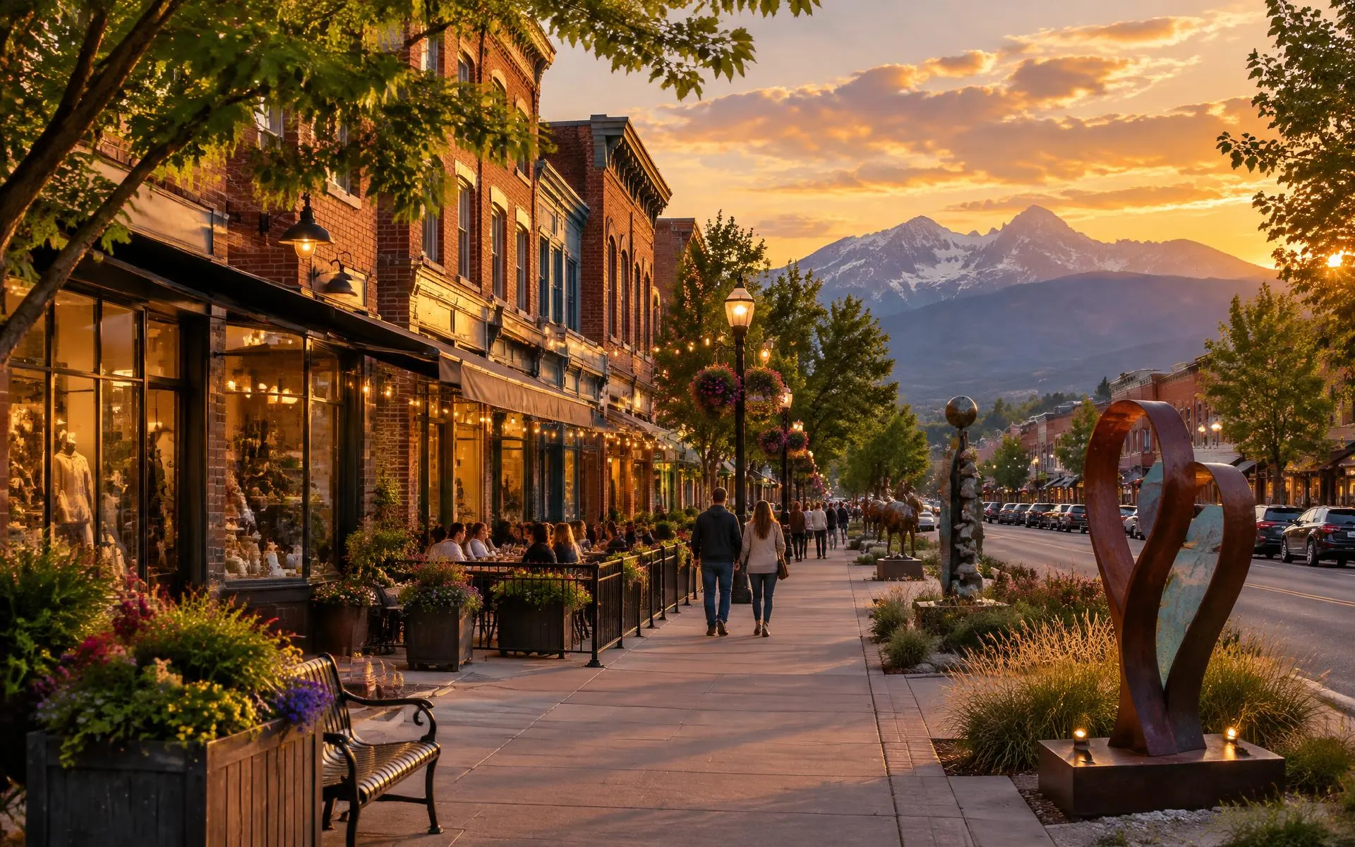 Downtown Loveland, Colorado, with historic brick storefronts, public art, and the Front Range at golden hour