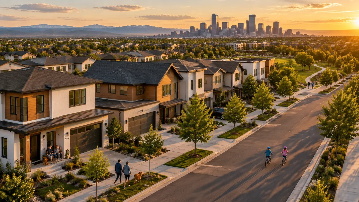 Modern homes in the Midtown Denver community with the downtown Denver skyline on the horizon at golden hour
