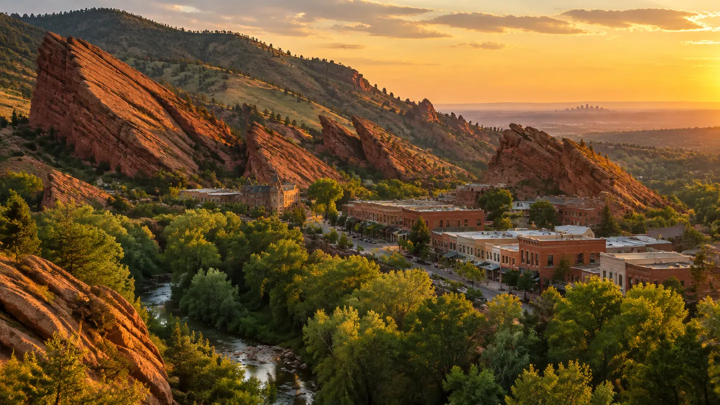 Red sandstone formations rising above historic downtown Morrison, Colorado, with foothills views at golden hour