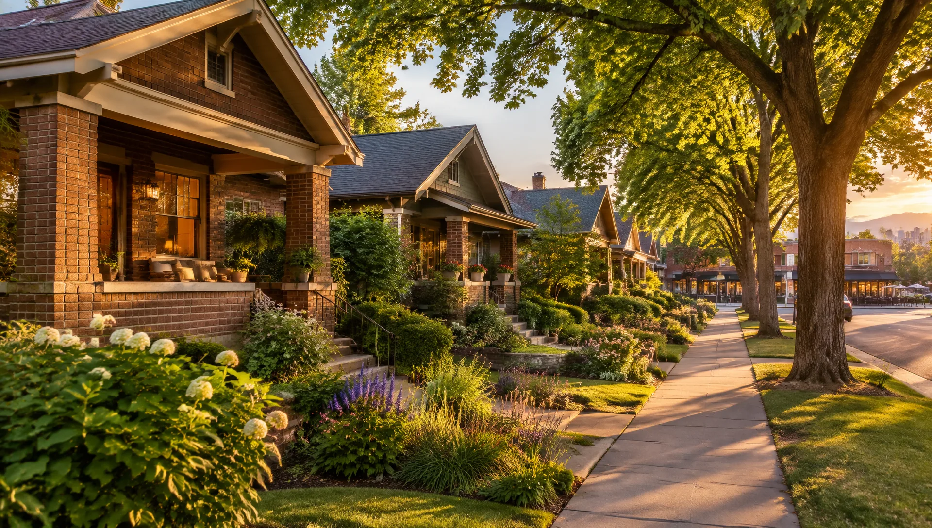Tree-lined Platt Park Denver street with classic brick bungalows and deep front porches at golden hour
