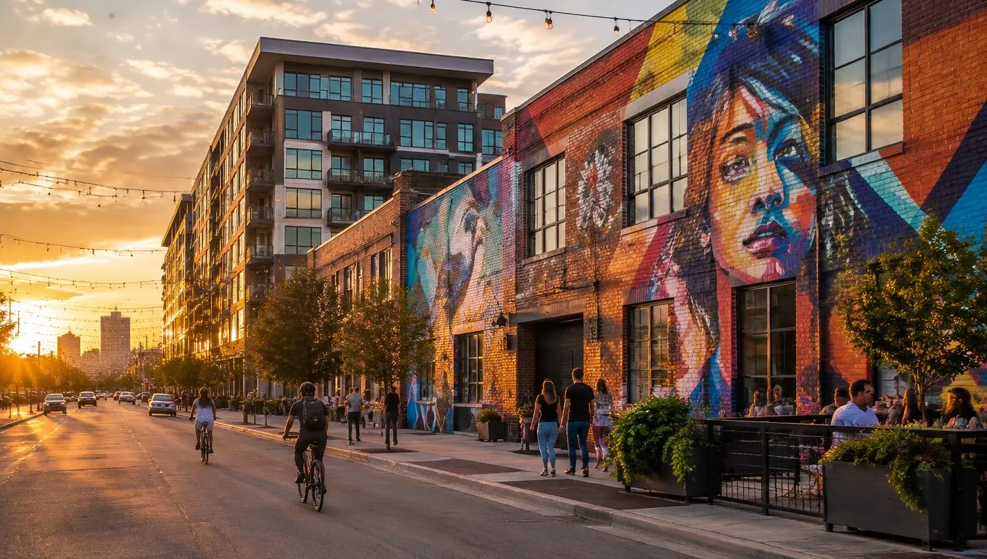A RiNo street at sunset with murals on converted brick warehouses and modern loft residences