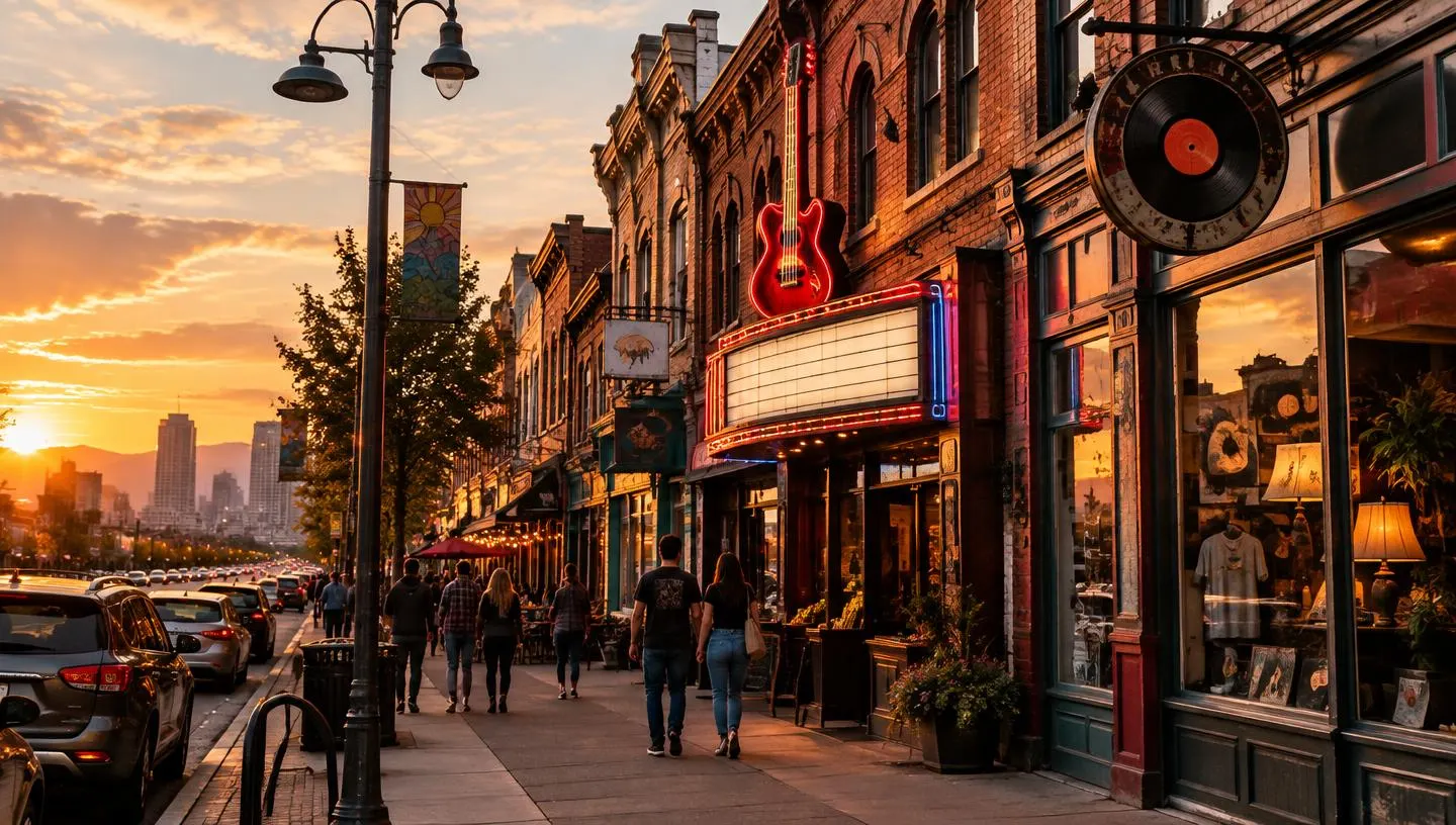 South Broadway at golden hour with historic brick storefronts, a music venue marquee, and a vintage record shop