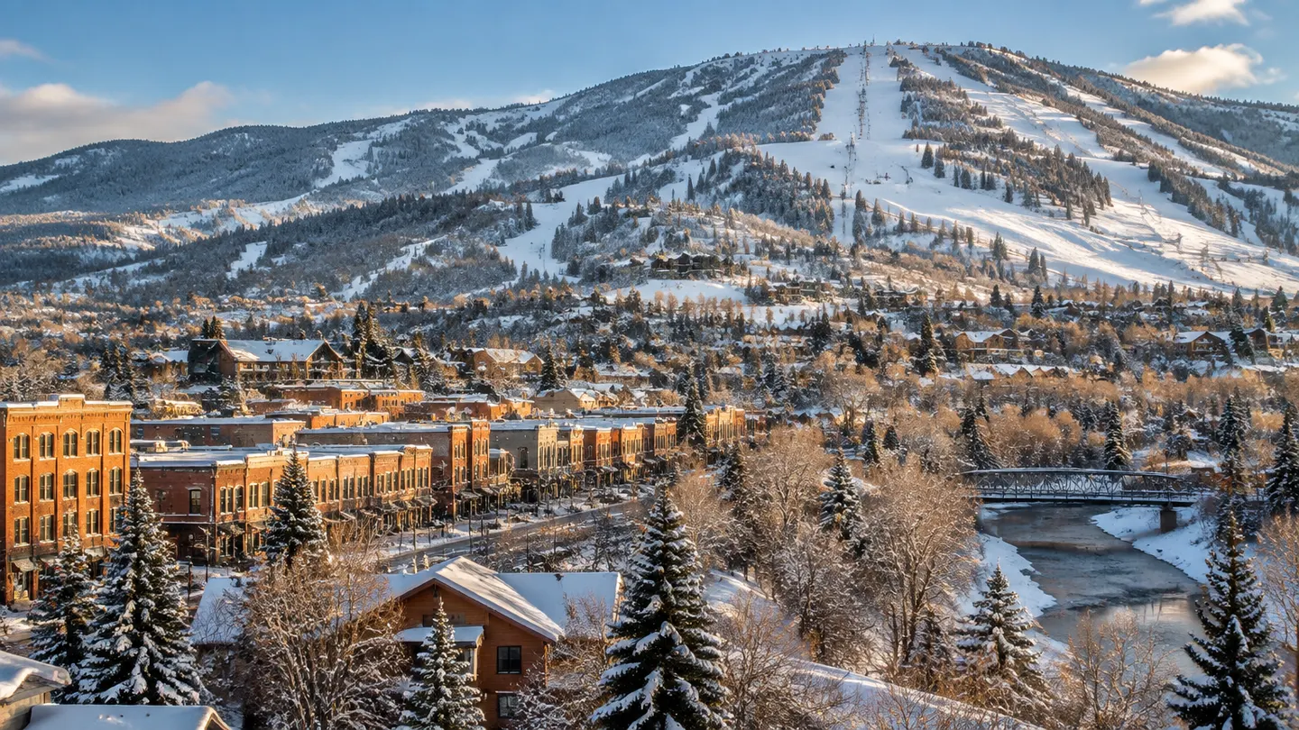Historic downtown Steamboat Springs, the Yampa River, and snow-covered ski slopes
