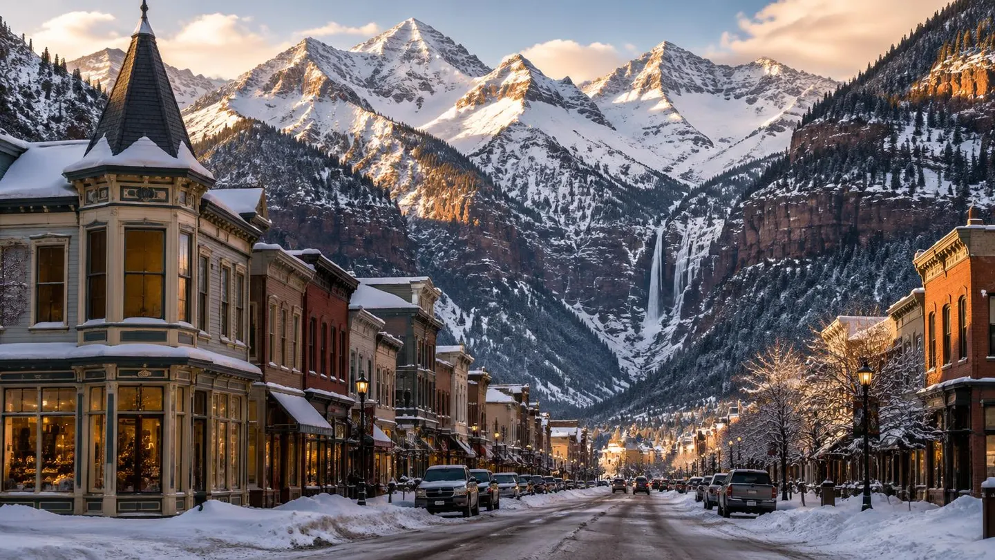 Historic Telluride beneath the snow-covered San Juan Mountains