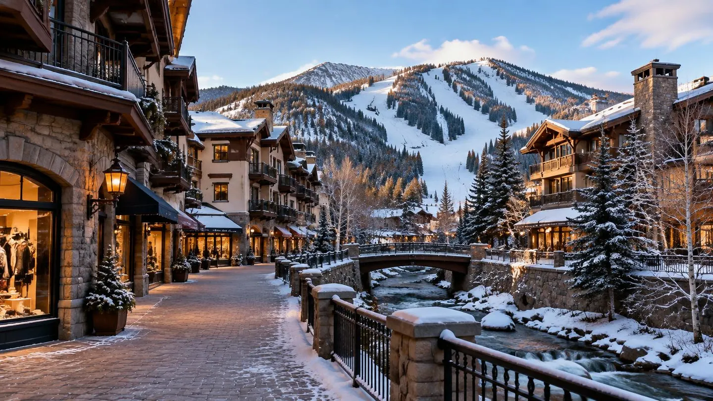 Vail Village beside Gore Creek with snow-covered ski slopes rising behind it