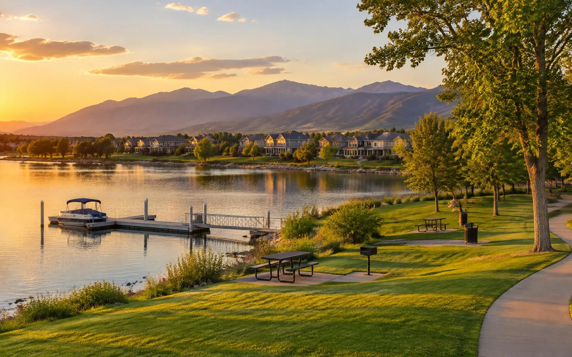 Windsor Lake, Colorado, with a boat dock, lakeside park trail, and newer homes against the foothills at golden hour